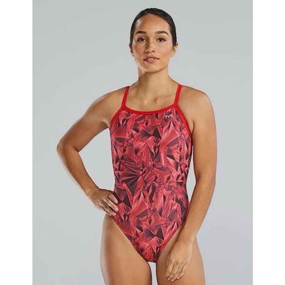 TYR Women's Crystalized Durafast Elite Diamondfit Swimsuit 38 XL NWT Red